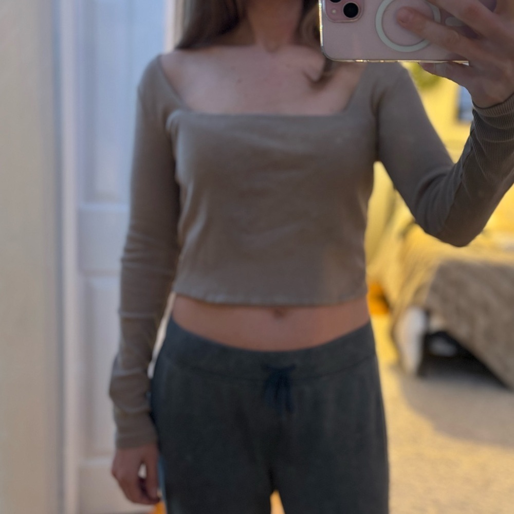 Zara Tan Long Sleeve Women's Square Neck Ribbed Crop Top L - Picture 11 of 12